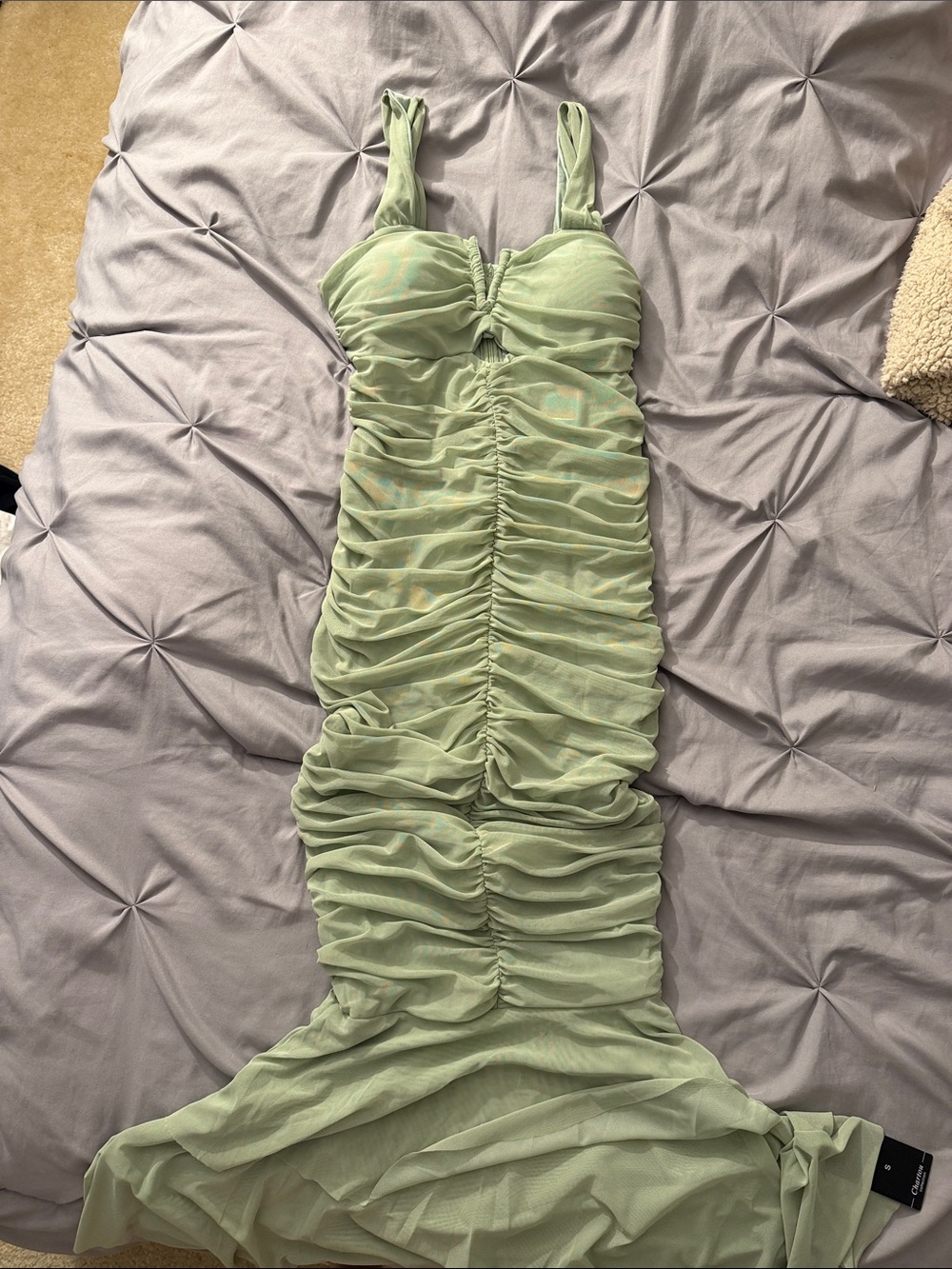 Sage Green Ruched Mermaid Style Maxi Dress with Straps